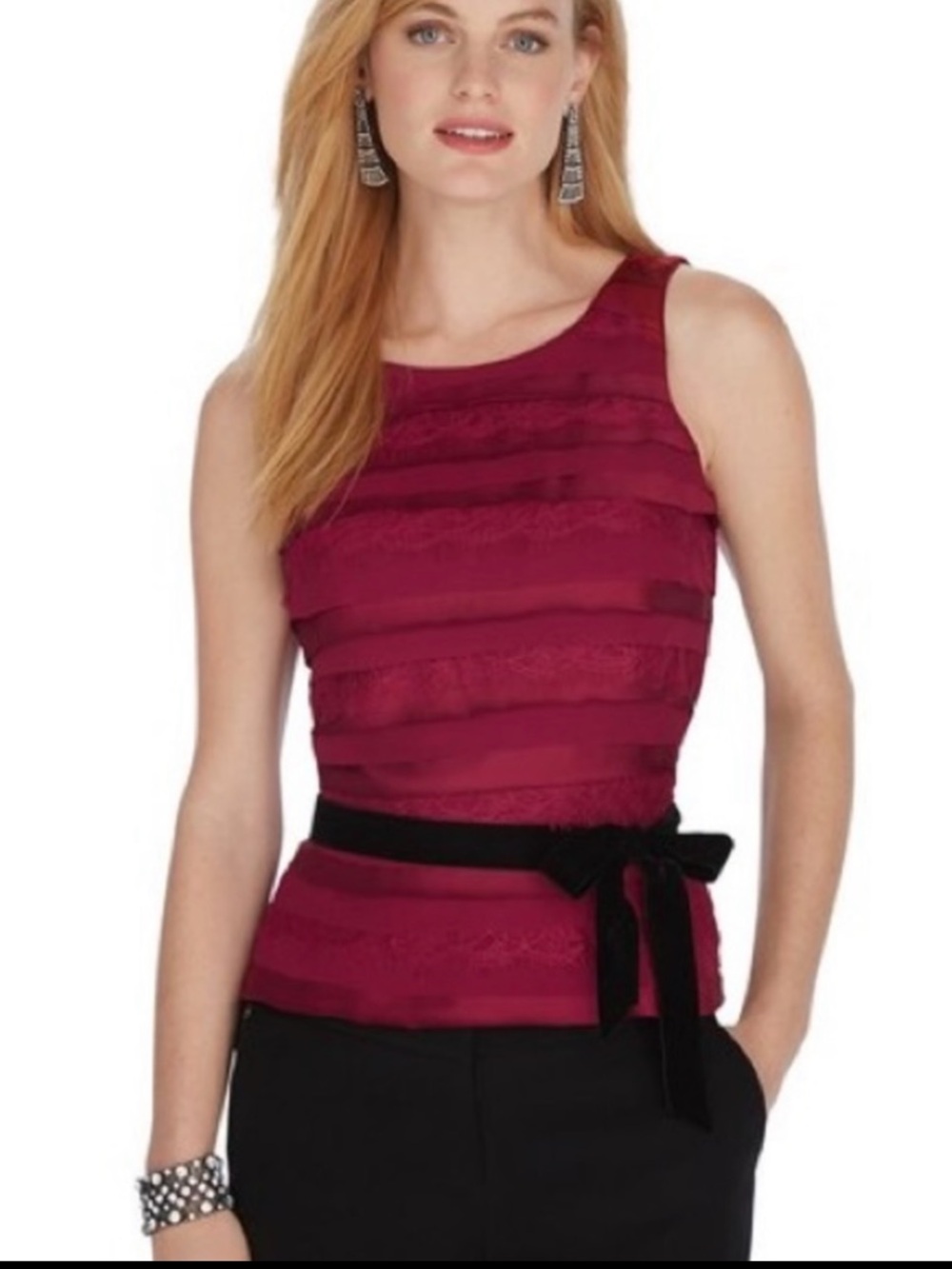 White House Black Market Burgundy Sleeveless Layered Peplum Top with Black Tie